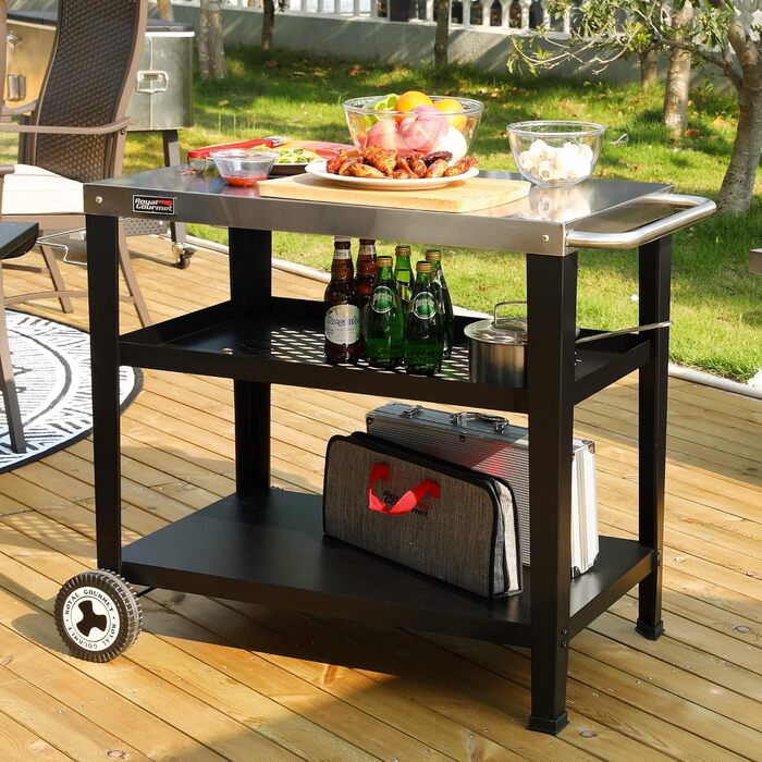 Столик Royal Gourmet PC3404S на коліщатках з контейнером для сміття, для вулиці, саду, тераси, грилю, кухні, візок для приготування їжі, 76,2 x 48,3 см, стільниця з нержавіючої сталі, сріблястий