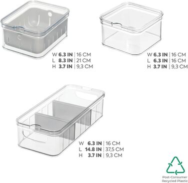 Органайзер для холодильника iDesign Crisp, набір з 3 прозорих контейнерів із кришками, з переробленого пластику, прозорий/сірий