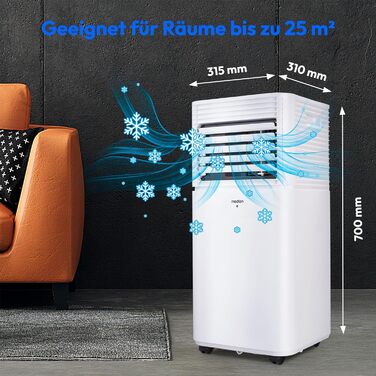 Мобільний кондиціонер MEDION P701 Smart з відведенням повітря, 3-в-1, для приміщень до 25 м², 7000 BTU, охолодження, осушення, вентиляція, управління через додаток і голосом, нічний режим, пиловий фільтр, комплект для вікна
