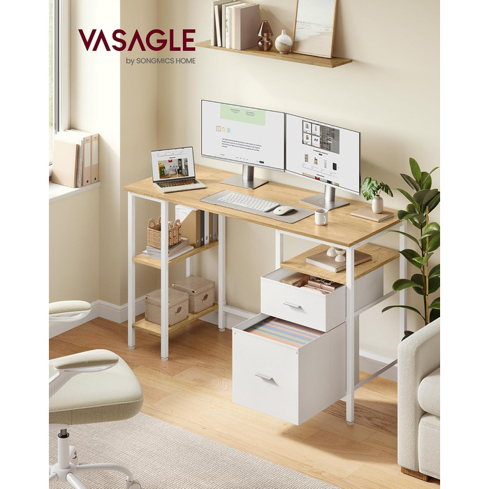 Комп'ютерний стіл VASAGLE BARNET з 3 полицями та 2 шухлядами, 127 x 50 x 76 см, офісний стіл у сучасному стилі (Дуб натуральний/Білий матовий), LWD103YD01