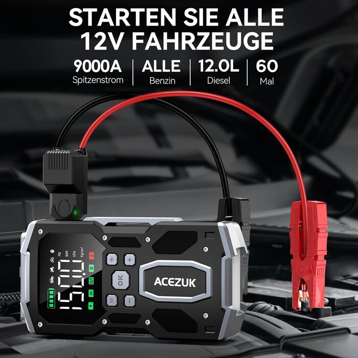 Бустер-стартер ACEZUK 9000A з компресором 160 PSI, пусковий пристрій для автомобіля, SUV та мотоцикла 12V (бензин/дизель), чорний