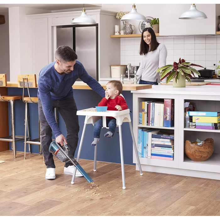Акумуляторний ручний пилосос BLACK+DECKER Dustbuster Smart Tech 18 В, 36 Вт·год, циклонний, 2 режими, витяжна щілинна насадка, зарядна станція, настінне кріплення, титан/срібло/синій