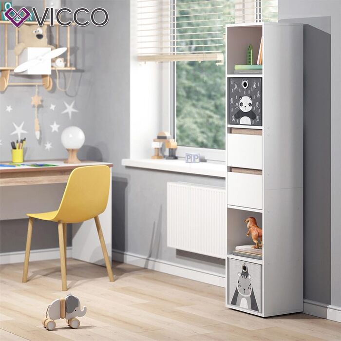 Дитячий стелаж Vicco Robert, білий/дуб сонома, 36.2x171 см, з складними коробами (сірі, різнокольорові)