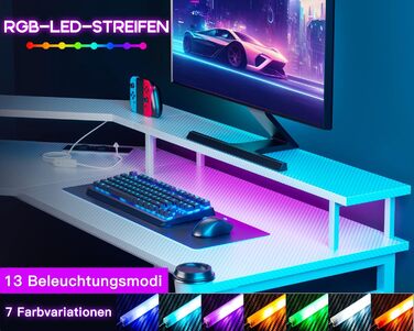 Ігровий стіл ODK з LED-підсвіткою, 2 розетками та 2 USB-портами, велика полиця для монітора, комп'ютерний стіл для геймерів, карбонове біле покриття, 129x129 см
