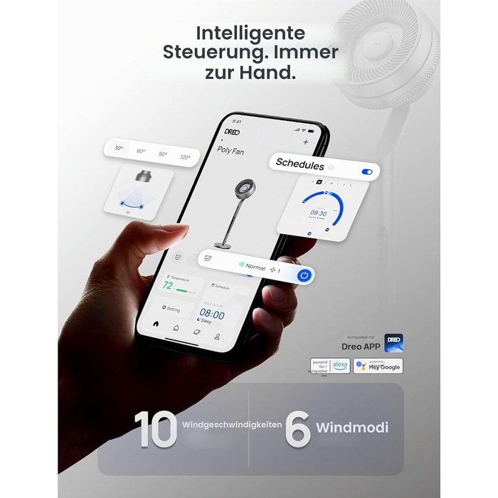 Dreo Smart вентилятор підлоговий з осциляцією 120°/85°, регульована висота 102-112 см, тихий DC вентилятор для спальні, потік повітря 30.5 м³/хв, 10 швидкостей