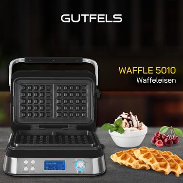 Електрична вафельниця GUTFELS WAFFLE 5010, подвійна, 1600 Вт, таймер, дисплей, для бельгійських вафель, чорна-нержавійка