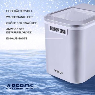 Льодогенератор Arebos, 12 кг/24 год, 2 розміри кубиків, 2,2 л, автоматичне очищення, тиха робота, сріблястий