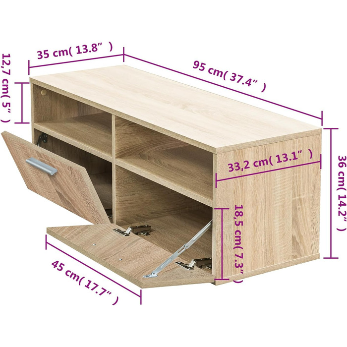 Тумба для телевізора vidaXL з 2 полицями та 2 шафками, дуб, 95x35x36 см, меблі для вітальні з ДСП