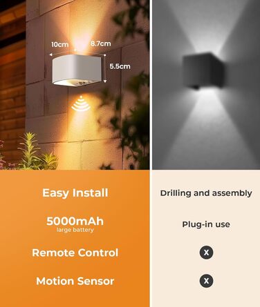 FULEN LED настінний світильник з акумулятором, датчиком руху, 3 кольори, 3 режими, бездротовий, з пультом, для спальні, вітальні, сходів, білий, 2 шт.