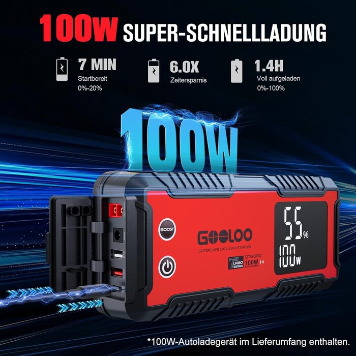 Powerbank-пусковий пристрій GOOLOO GT6000: 6000A, LED-ліхтарик, екран 3.2"