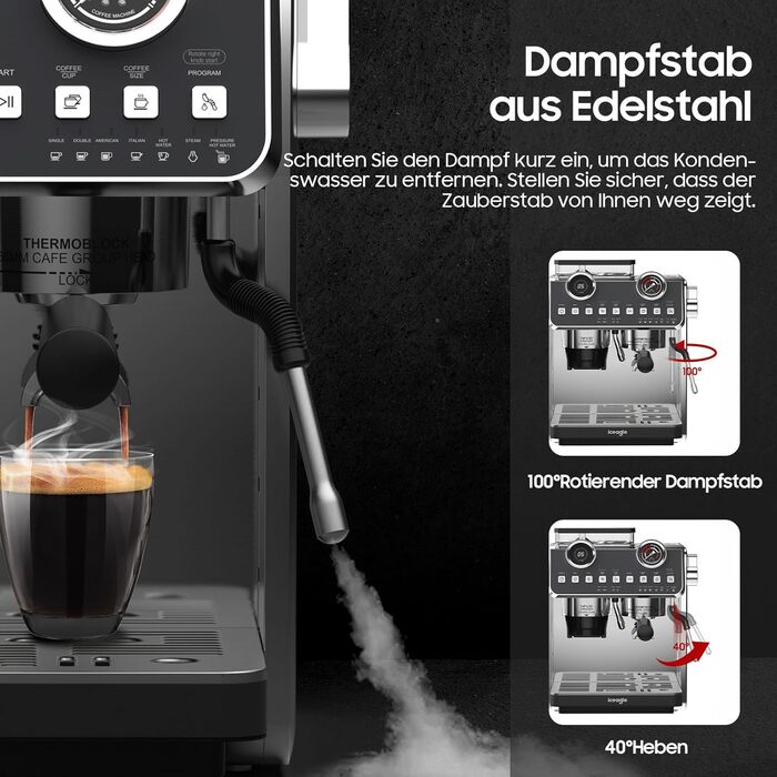 Професійна еспресо-машина iceagle EM653-2800W з паровою насадкою для молока, 20 бар, 2.7 л, 2 нагрівальні системи, аксесуари, нержавіюча сталь/чорний