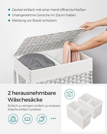 Кошик для білизни SONGMICS з кришкою, 90 л, 2 відділення, знімний мішок з ручками, ручне плетіння, для спальні та ванної, 33x46x60 см, білий