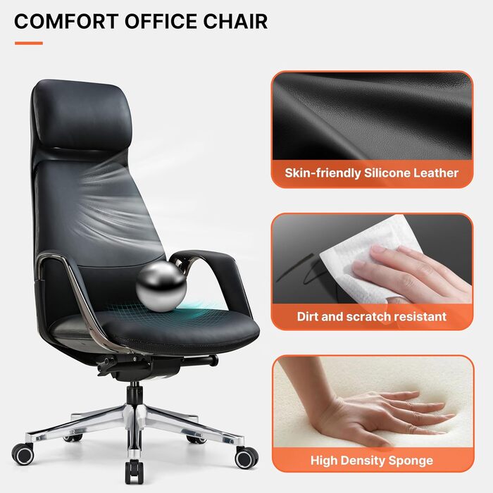 Крісло офісне EUREKA ERGONOMIC з шкіри, чорне: регульоване, ергономічне, для офісу та дому
