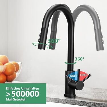 Змішувач для кухні чорний висувний з душем 50 см, поворотний на 360°, 2 режими струменя, нержавіюча сталь 304, проста установка (діаметр отвору 32-45 мм)