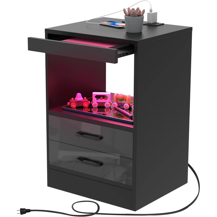 Прикроватна тумба Lvhecforhm з LED-підсвіткою, USB та розетками, чорна, з висувною шухлядою і відкритими полицями, 40x35x60 см