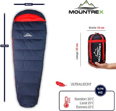 Спальний мішок MOUNTREX ультралегкий 760г, компактний, літній, мумія, для кемпінгу, подорожей, фестивалів, 100GSM, теплий, з'єднуваний, темно-синій/червоний