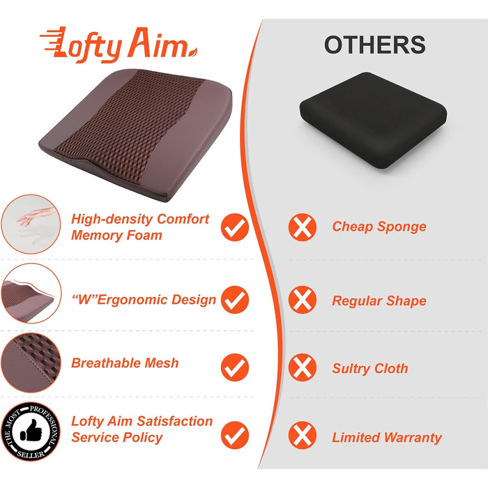 Автомобільна подушка Lofty Aim з Memory Foam для водія: підтримка спини, зняття болю (ішіас), для автокрісла, офісного крісла, інвалідного візка. PU-шкіра, 4D Mesh, коричнева