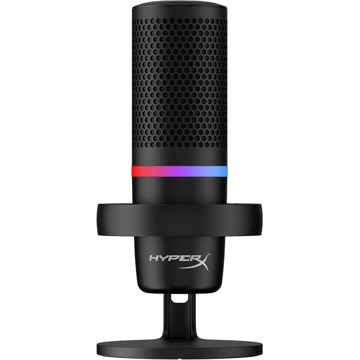 HyperX DuoCast USB конденсаторний мікрофон з RGB підсвіткою, вбудованим поп-фільтром, антивібраційним кріпленням, регулюванням підсилення, сумісний з ПК, PS5, PS4, Mac, чорний