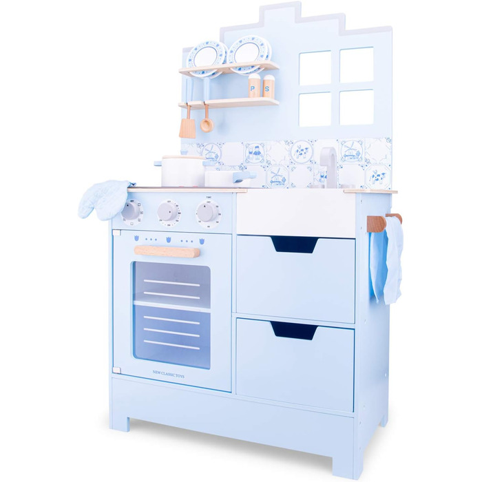 Дитяча дерев'яна кухня New Classic Toys Bon Appétit у стилі Делфтського фарфору, синя, рольова гра