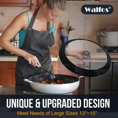 Універсальна скляна кришка для каструль та сковорід Walfos (33, 36, 38 см) з силіконовим обідком, термостійка, чорна
