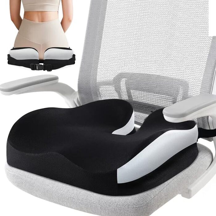 Подушка для сидіння з піни Memory Foam: ергономічна, для офісного крісла, авто, геймерського крісла та візка, з ременем та антиковзким покриттям