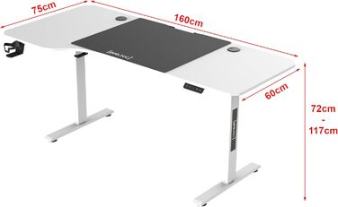 Електричний регульований письмовий стіл pro.tec Stryn 160x75 см, L-подібний, з пам’яттю, білий, висота 72-117 см