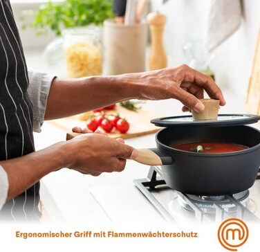 Каструля MasterChef 18 см з кришкою, алюмінієва, індукційна, антипригарна, чорна, дерев'яна ручка, для пасти та супу, підходить для всіх плит, набір каструль і сковорідок, колекція Natural