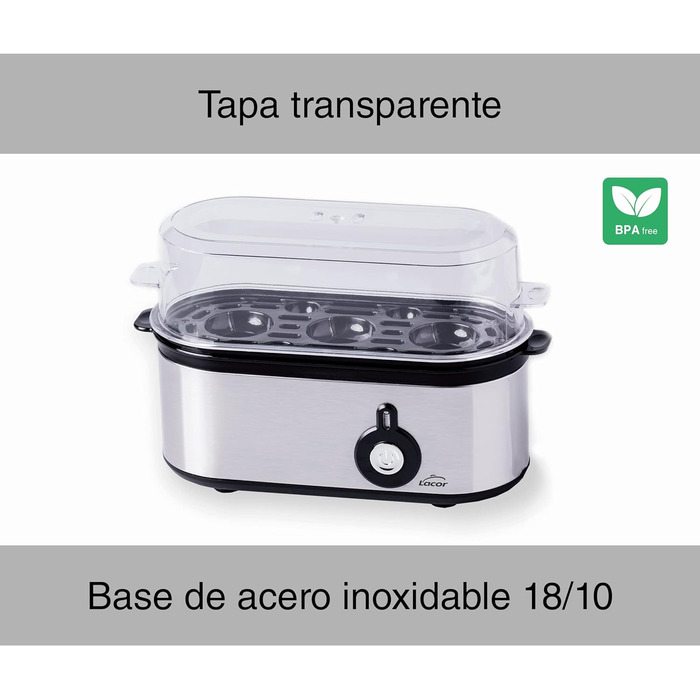 Електрична яйцеварка Lacor TRI OVUM з нержавіючої сталі 18/10, BPA-free, 3 режими приготування, автоматичне вимкнення, 3 яйця, сіра