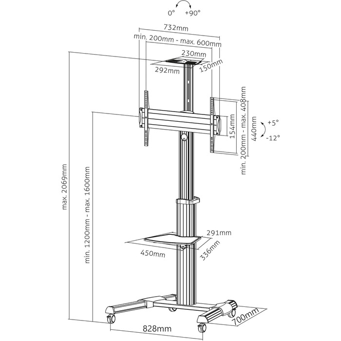 Підставка для телевізора Conecto TV Stand – регульована, поворотна, з роликами, 37-70 дюймів, модель LM-FS02G, срібна
