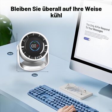 Вентилятор настільний Rintea акумуляторний USB, 10 швидкостей з пам'яттю, LED-дисплей, поворотний 105°, підвісний, для спальні, офісу, кухні, кемпінгу (білий)