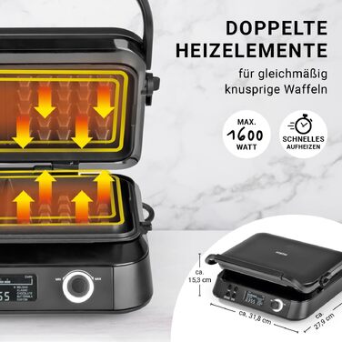 Вафельниця для бельгійських вафель Premium, 1600 Вт, 5 програм, 7 рівнів підрумянювання, LCD-дисплей та таймер, глибокі пластини