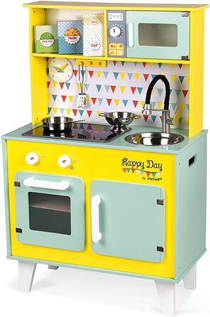 Janod Велика дерев'яна ігрова кухня Happy Day з холодильником і мікрохвильовою піччю, світлом і звуком, аксесуари, для дітей від 3 років, 55x30x87 см