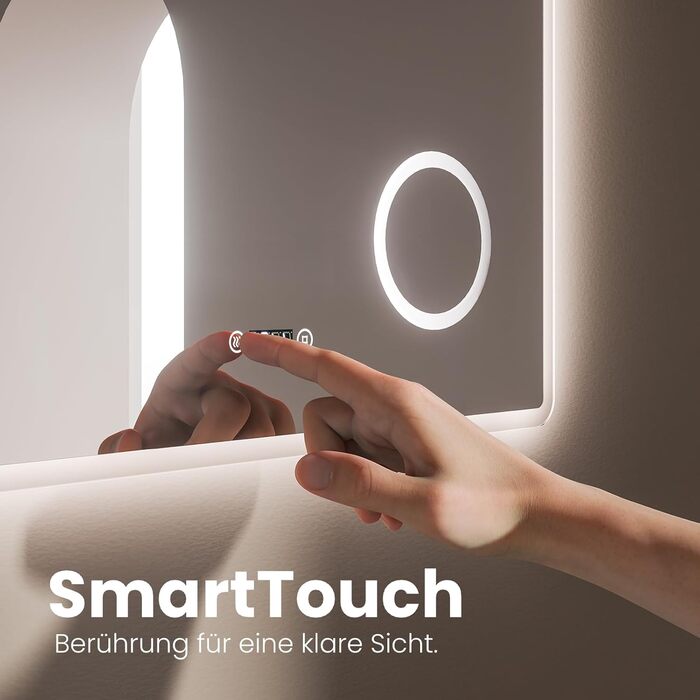 EMKE® LED дзеркало для ванної кімнати 80x60 см з підсвічуванням, сенсорне, регулювання яскравості, протитуманне, 3 кольори світла, годинник, IP44