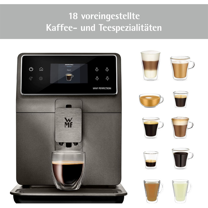 Кавомашина WMF Perfection 780L з молочною системою, 18 напоїв, подвійний термоблок, сталевий млинок, профілі користувачів, резервуар для молока 1 л, сертифікат гігієни TÜV