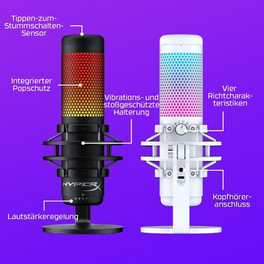 HyperX QuadCast S білий – USB конденсаторний мікрофон з RGB-підсвіткою для ПК, PS5, Mac, підвісом, 4 направленостями, поп-фільтром і регулятором чутливості, для геймінгу, стрімінгу, подкастів, Discord, Twitch