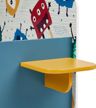 Дитяче ліжко Relaxdays 60x94x143 см, з бортиками, полицею, малюнком Монстри, з рейковим дном, МДФ, кольорове