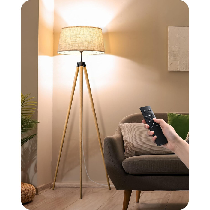 Торшер EDISHINE з диммером, тринога з дерева, дистанційне керування, LED E27, таймер, 3 кольори світла, льняний абажур, вінтажний стиль, для вітальні