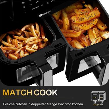 Аерофритюрниця LLIVEKIT 9L з двома камерами (4.5L+4.5L) та вікном перегляду, мультипіч 9-в-1 з сенсорним керуванням та таймером, чорна