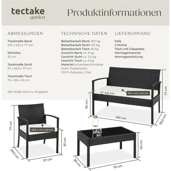 Садові меблі з поліратану tectake®, комплект: 2 крісла, лавка, стіл, чорний, вуличний набір для саду, тераси та балкона, стійкі до погодних умов