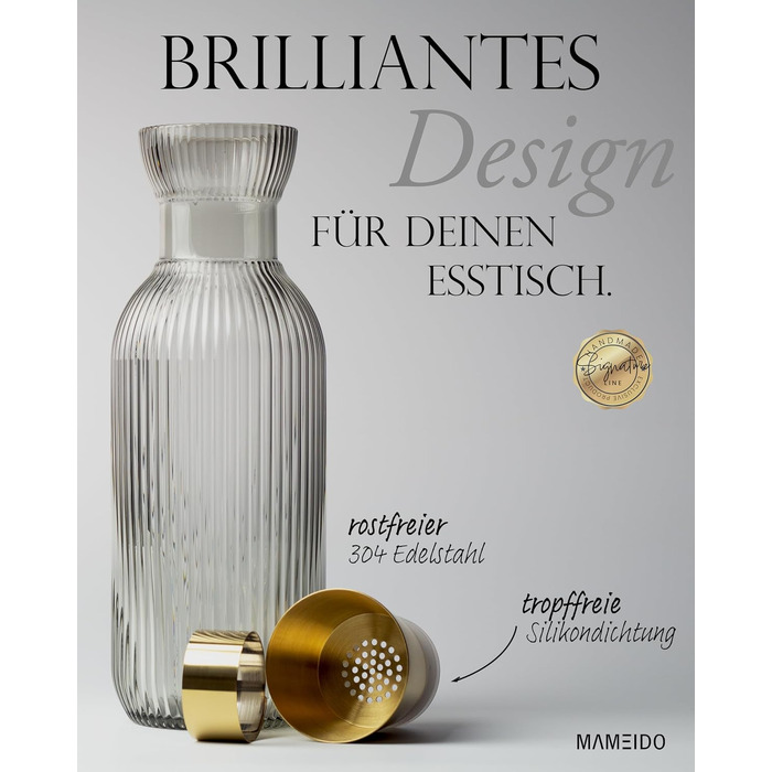 Скляний глечик для води MAMEIDO з носиком та ситом, 1 л, рифлене кришталеве скло, Smoke Gold