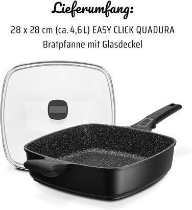 Сковорода для смаження та сервірування GSW EASY CLICK Quadura з антипригарним покриттям, алюмінієва, з кришкою, чорна, 28x28 см