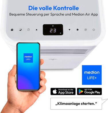 Мобільний кондиціонер MEDION P701 Smart з відведенням повітря, 3-в-1, для приміщень до 25 м², 7000 BTU, охолодження, осушення, вентиляція, управління через додаток і голосом, нічний режим, пиловий фільтр, комплект для вікна