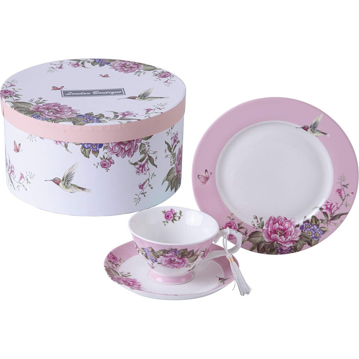 Чашка та блюдце з порцеляни Shabby Chic, 19,1 см, десертна тарілка, вінтаж, птах, метелик, квіти, подарункова коробка (рожевий)