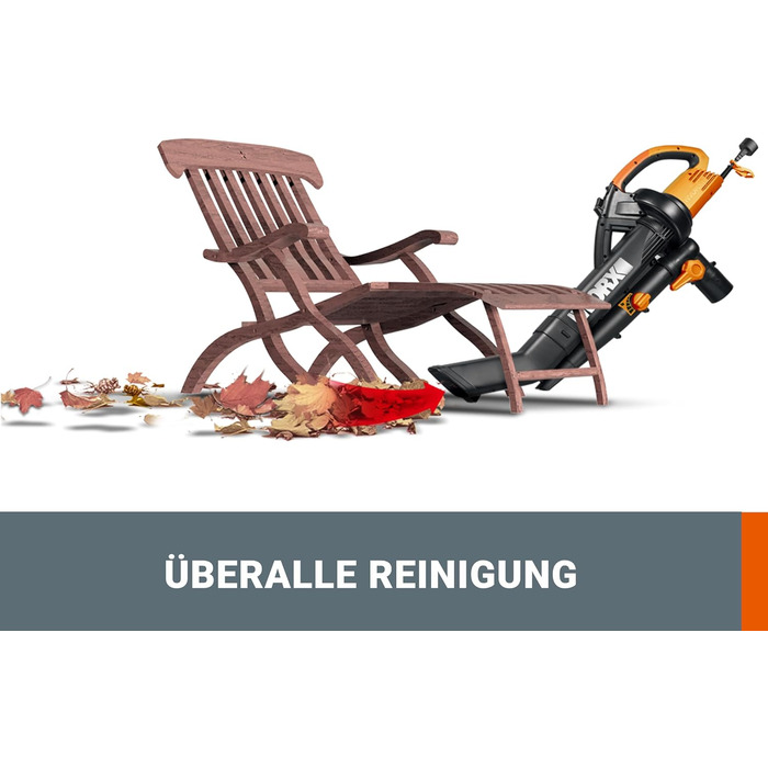 WORX WG505E: Електричний повітродув та пилосос для листя 3000W – 3-в-1 (повітродув, пилосос, мульчер) з мішком 45л – швидкість 335 км/год, об'єм 600 м³/год