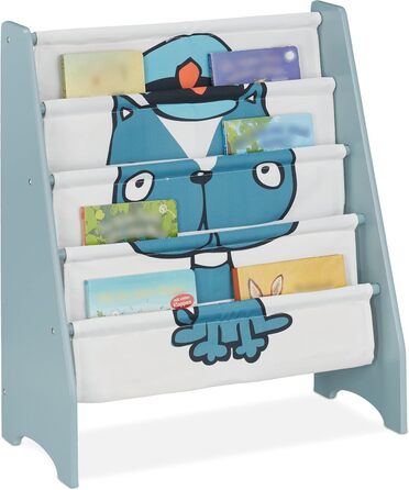 Дитяча книжкова полиця Relaxdays з малюнком собаки, 4 відділення, 71x61,5x30 см, МДФ та тканина, синя/біла