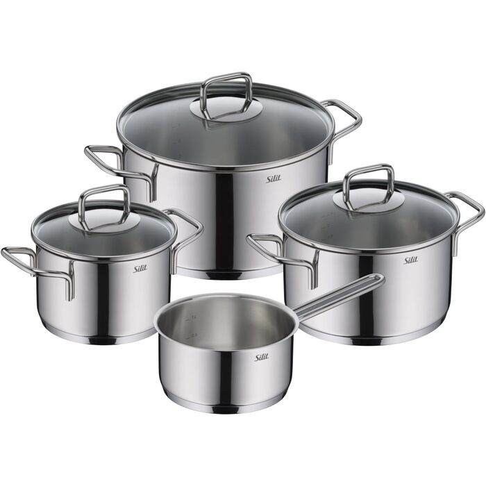 Набір кухонного посуду Silit Extra Cook 4-елементний: каструлі 16/20/24 см з кришкою, ковшик 16 см, внутрішня мірка, широке вушко, придатний для миття в посудомийній машині, з нержавіючої сталі Crominox