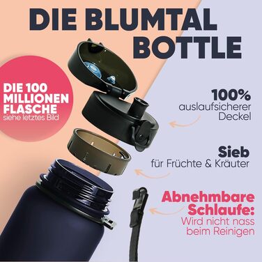 Спортивна пляшка для води Blumtal Premium 1000 мл, водонепроникна та ударостійка, BPA-free, з одним натисканням та ситом, темно-синя