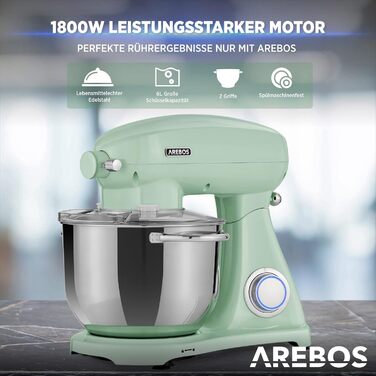 Кухонна машина Arebos Retro 1800W з чашею 6L з нержавіючої сталі | Кухонний міксер з 6 насадками (для тіста, збивання, збивання) та захистом від бризок