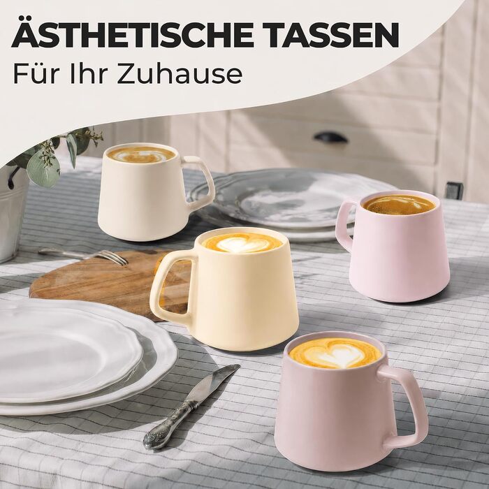 Набір керамічних чашок для кави та чаю MIAMIO Luxe (4 шт, 420 мл), Cream Rose — для капучино та еспресо, підходять для мікрохвильової печі та посудомийки