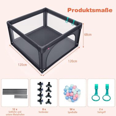 Манеж для дітей COSTWAY 120x120 см з 50 кульками, дихаюча сітка, дверцята на блискавці, для немовлят і малюків, темно-сірий